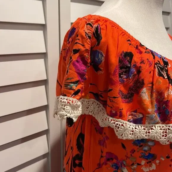 Umgee Maxi off/on Shoulder Dress in a Orange printed soft Fabric - Picture 4 of 7